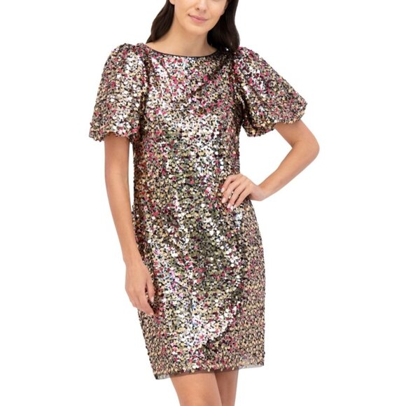 Eliza J Sequined Puff-Sleeve Shift Dress – Gold Multi | NWT | Size 8 - Picture 3 of 5